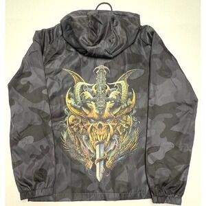 Godsbane Windbreaker Mens Size Lg Death Saves Hooded Zip Front Black Camouflage